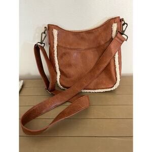 Shoulder Messenger Bag Purse Brown Vegan Leather Sherpa Trim Western Boho Soft